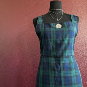 Blue Green Plaid Sleeveless Pinafore Midi Dress